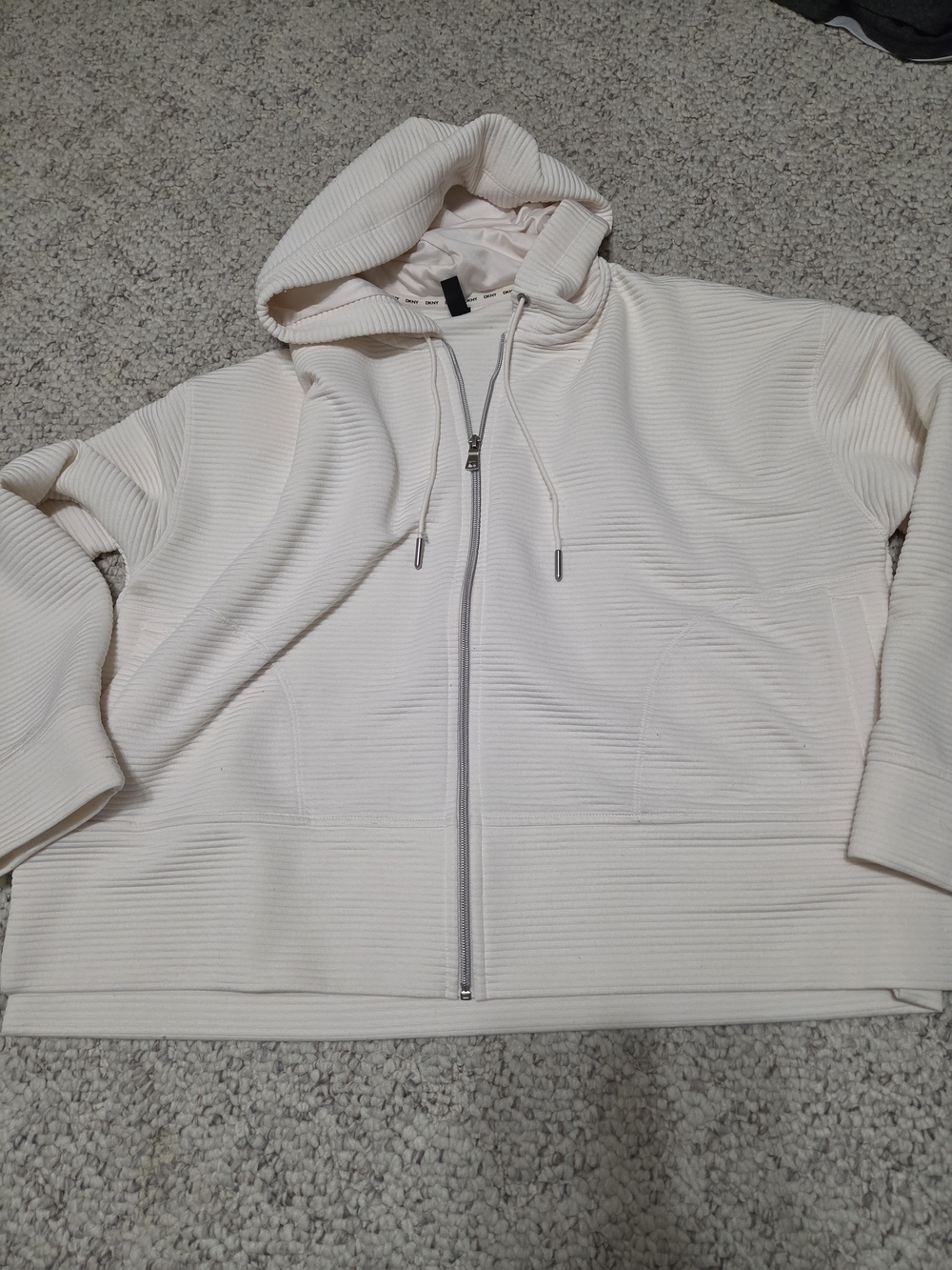 DKNY Cream Ribbed Full-Zip Hooded Sweatshirt